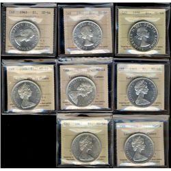 1958 $1, 1962, 1963, 1965 SmBds Blt, LgBds Blt, LgBds Ptd, 1966 & 1967 all ICCS MS64.  Lot of 8 coin