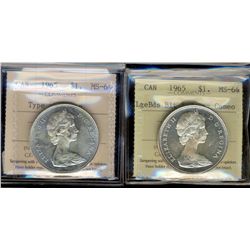 1965 $1 LgBds Blt & Type V ICCS MS64.  Lot of 2 coins.  Heavy Cameo and Cameo designations respectiv