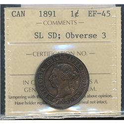 1891 1¢ Obv 3 SDSL ICCS EF45.