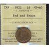 Image 1 : 1922 1¢ ICCS MS63RB.