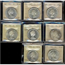 1962 $1, 1963, 1965 SmBds Ptd,  LgBds Blt, LgBds Ptd, Type V & 1966(2) all ICCS MS64.  Lot of  8 coi