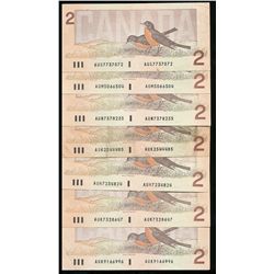 1986 $2 BC-55a & 55b.  Lot of 7 better prefix issues VG to UNC.