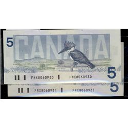 1986 $5 BC-55bA #FNX8060930/931.  Lot of 2 consecutive issues. Prefix FNX with Small F's in Almost U