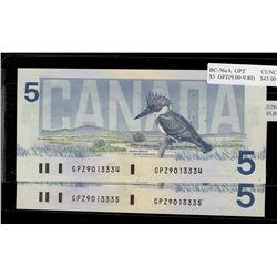 1986 $5 BC-56eA #GPZ9013334/335 (Betw 9.00M-9.80M).  Lot of 2 consecutive notes in Choice UNC Condit