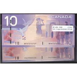 2001 $10 BC-63b #FDZ9988225 & 2008 $10 BC-68b #BFA7272727, 2 digit Radar.  Lot of 2 UNC notes.