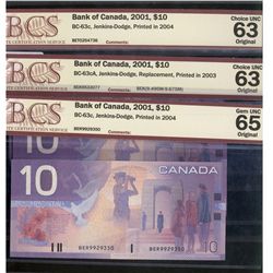 2001 $10 BC-63c, #BER9929350 Gem UNC65, #BET0254736 CH UNC63 & BC-63cA, #BEK#9533077 (9.495M-9.675M)