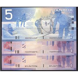 2004 $5 BC-62bA #HNR9854549, $10 BC-68aA-i #FER9958873 & 2007 $10 BC68aA #BTL2675596.  Lot of 3 inse