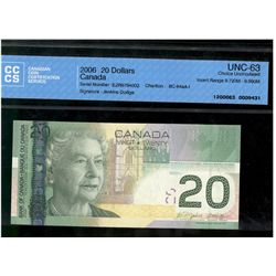 Bank of Canada, $20 Insert note 2006, graded CCCS UNC-63, Charlton # BC-64aA-i, signature Jenkins Do