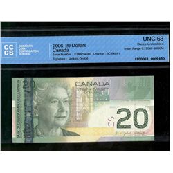 Bank of Canada, $20 Insert note 2006, graded CCCS UNC-63, Charlton # BC-64aA-i, signature Jenkins Do