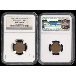 Error; 1982-1992 1¢ NGC graded, Blank planchet issue, 2.5gr.