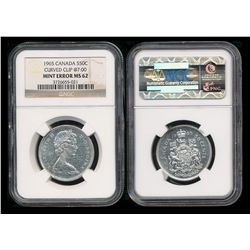 Error; 1965 50¢ NGC MS62. Curved Clip @ 7:00 obv view.