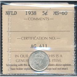 Nfld 1938 5¢ ICCS MS60.