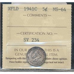 Nfld 1941c 5¢ ICCS MS64.