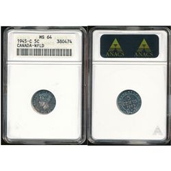 Nfld 1945c 5¢ ANACS MS64.  Intense blue and gold tones.