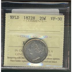 Nfld 1872H 20¢ ICCS VF30.