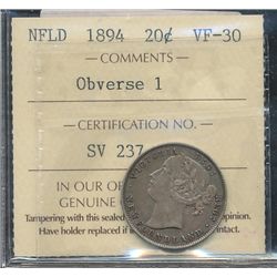 Nfld 1894 20¢ Obv 1 ICCS VF30.