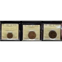 1887 1¢, 1915 & 1928 all ICCS AU55.  Lot of 3 coins.