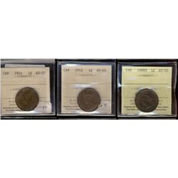 1898H 1¢, 1912 & 1916 ICCS AU55.  Lot of 3 coins.