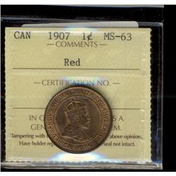 1907 1¢ ICCS MS63RD.  80% red.