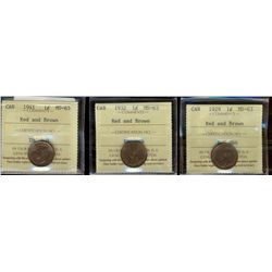 1929 1¢, 1932 & 1941 all ICCS MS63RB.  Lot of 3 coins.
