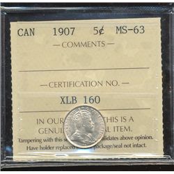 1907 5¢ ICCS MS63.  Full lustrous white coin.
