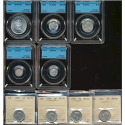 1918 5¢, 1919 both VG10, 1927 G6, 1967 10¢ MS63, 1967 50¢ MS62 all CCCS graded & ICCS 1938 5¢ AU50, 