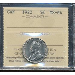 1922 5¢ ICCS MS64.  Brilliant and highly lustrous.