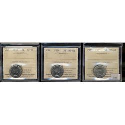 1937 5¢, 1955 & 1956 ICCS MS64.  Lot of 3 coins.