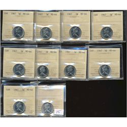 1967 5¢ ICCS MS64.  Lot of 10 coins.