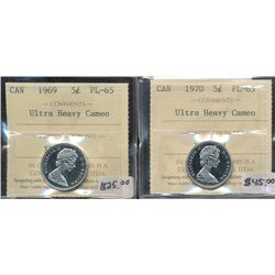 1969 5¢ & 1970 ICCS PL65. Lot of 2 coins both Ultra Heavy Cameo.