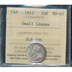 1913 10¢ Sml Lvs ICCS MS62.  Lustrous.