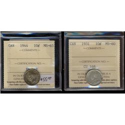 1931 10¢ MS60 & 1944 MS63.  Lot of 2 ICCS graded coins.