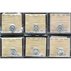 1960 10¢, 1962, 1963, 1964, 1965 & 1966 ICCS MS65.  Lot of 6 coins.