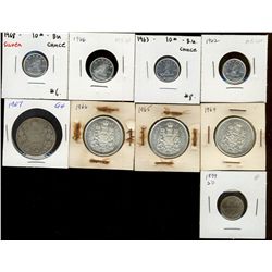 1962 10¢, 1963, 1966, 1968 1964 50¢, 1965 & 1966 all BU along with 1899 10¢ & 1907 50¢ Good.  Lot of