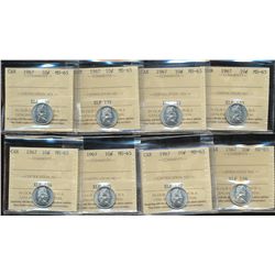 1967 10¢ ICCS MS65.  Lot of  9 coins.  All examples full white.