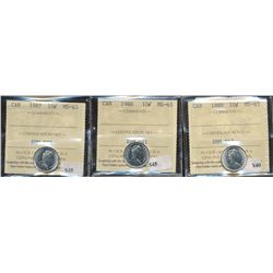 1987 10¢, 1988 & 1989 ICCS MS65.  Lot of 3 coins.