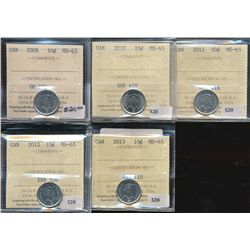 2008 10¢, 2010, 2011, 2012 & 2013 ICCS MS65.  Lot of 5 coins.