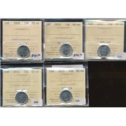 2008 10¢, 2010, 2011, 2012 & 2013 ICCS MS66.  Lot of 5 coins.