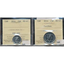 2014 10¢ & 25¢ Caribou both ICCS MS67.  Lot of 2 coins.