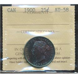 1900 25¢ ICCS AU58.  Intriguing intense shaded of gold, red and blue.