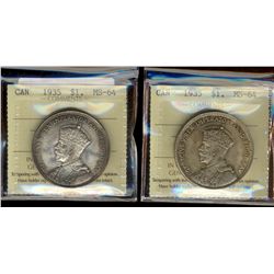 1935 $1 ICCS MS64.  Lot of 2 coins.