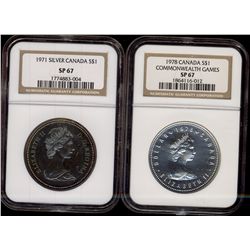 1978 $1 Commonwealth & 1971 British Columbia Silver issues NGC SP76.  Lot of 2 coins.