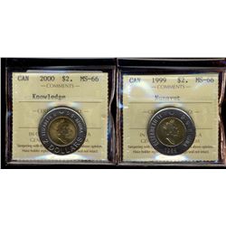 1999 $2 Nunavut & 2000 Knowledge ICCS MS66.  Lot of 2 coins.