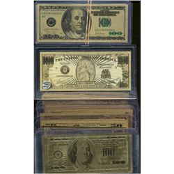 USA; includes lot of Gold Plated (Foil) high denomination banknotes 2004 $50(4), 2009 $50(8), 1999 $