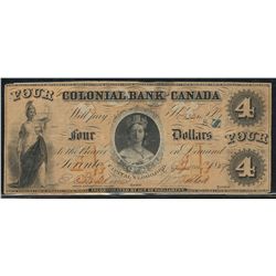 The Colonial Bank of Canada;  1859 $4 #1224 CH-130-10-02-08.  Shows Overprint SS.  Repaired same as 