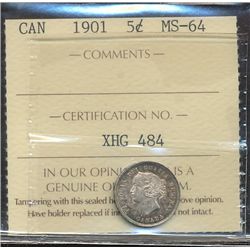 1901 5¢ ICCS MS64.  Attactive item with light cameo finish within circle of golden shades.