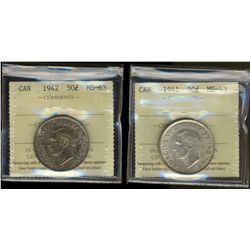 1941 50¢ & 1942 ICCS MS64.  Lot of 2 coins.