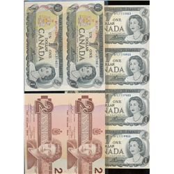 RCM Lot;  includes 1973 $1 Uncut Sheet of 4 notes and 2 notes along with 1986 $2 Uncut sheet of 2 no