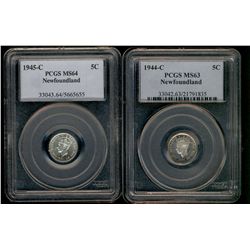 Nfld 1944c 5¢ MS63 & 1945c MS64.  Lot of 2 PCGS graded coins.