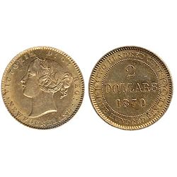 Nfld 1870 3 dots $2 Gold Obv 1 ICCS MS62.  Attractive issue with strong lustre.  Very rare in mintst